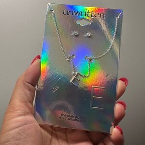 Unwritten Silver 'E' Necklace and Earring Set
